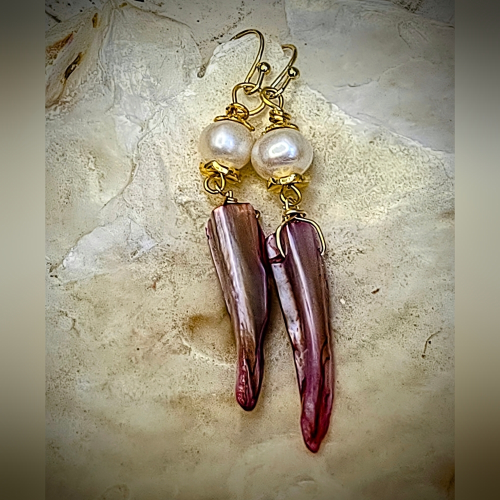 Coral Pink Mother Of Pearl Fang & Baroque Pearl In Long Gold Plated Earrings